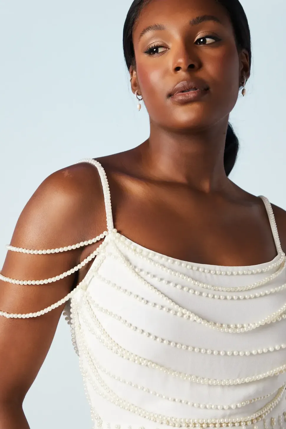 Drape Beaded Pearls Shoulder Detail Bridal Mini Dress