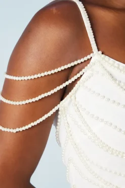 Drape Beaded Pearls Shoulder Detail Bridal Mini Dress