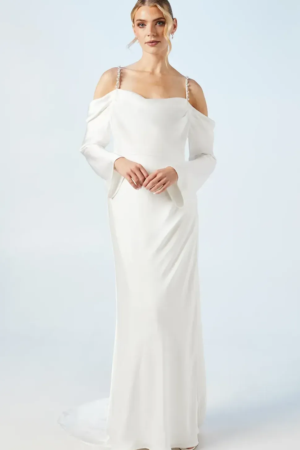 Drape Cold Shoulder Embellished Strap Wedding Dress