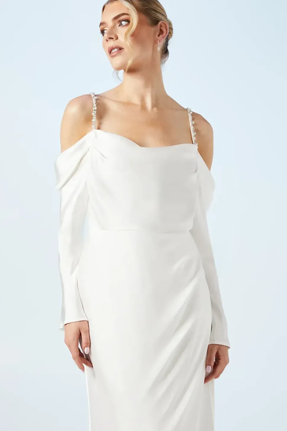 Drape Cold Shoulder Embellished Strap Wedding Dress