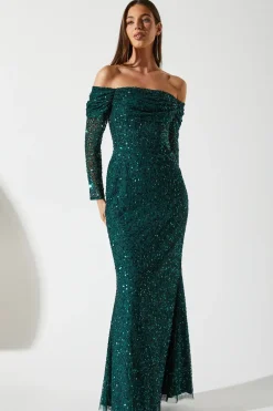 Draped Bardot Sequin Long Sleeve Maxi Dress