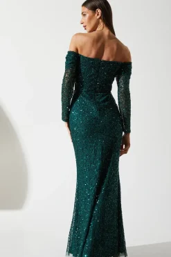 Draped Bardot Sequin Long Sleeve Maxi Dress