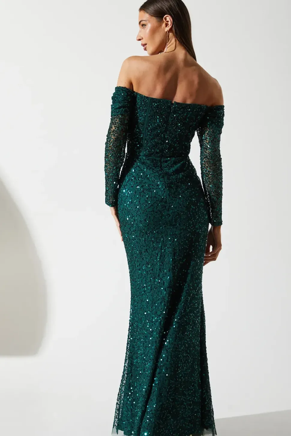 Draped Bardot Sequin Long Sleeve Maxi Dress