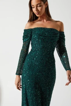 Draped Bardot Sequin Long Sleeve Maxi Dress