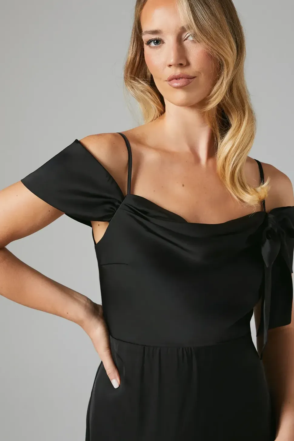 Draped Bardot Tie Detail Satin Bridesmaid Maxi Dress