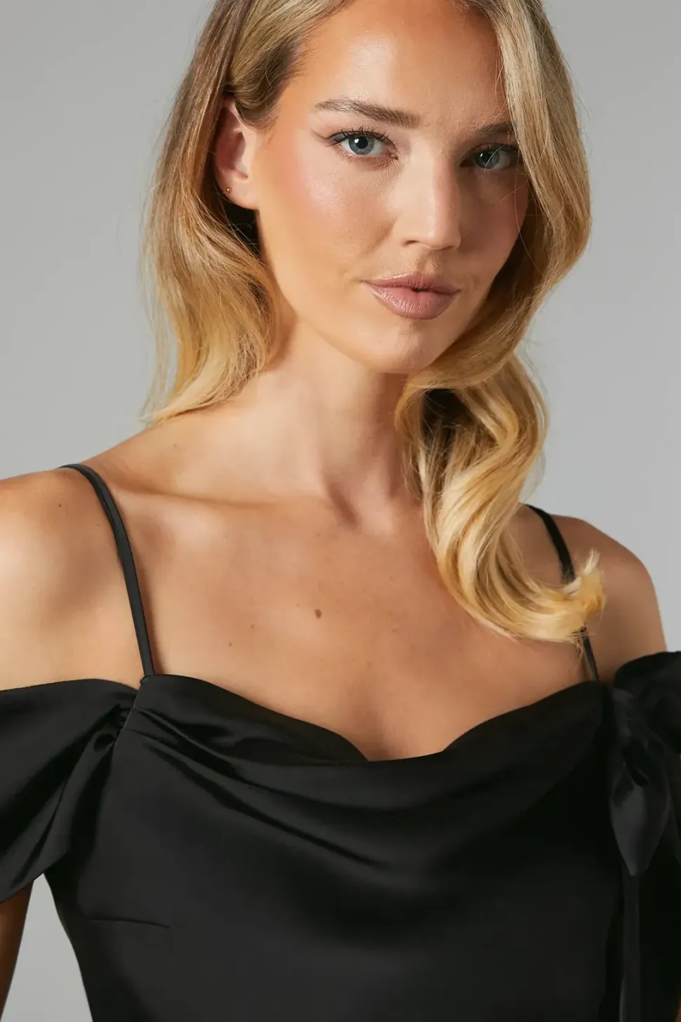 Draped Bardot Tie Detail Satin Bridesmaid Maxi Dress