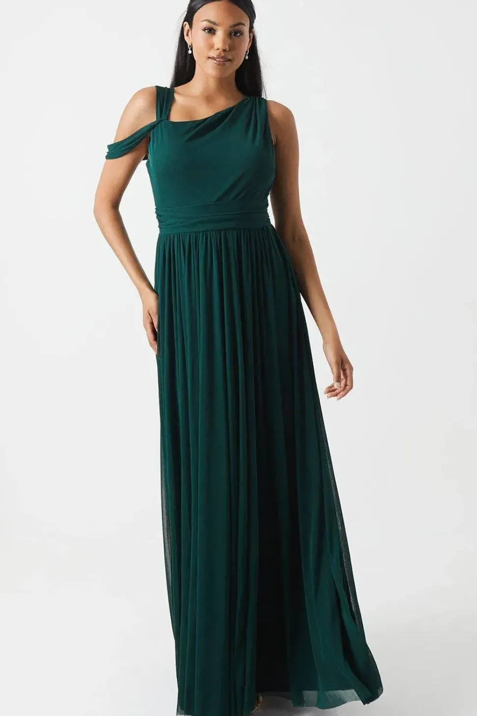 Draped Shoulder Stretch Mesh Bridesmaid Maxi Dress