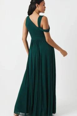 Draped Shoulder Stretch Mesh Bridesmaid Maxi Dress