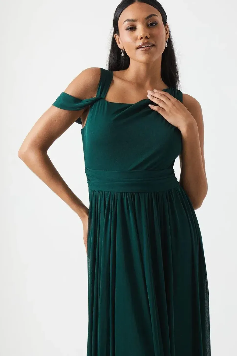 Draped Shoulder Stretch Mesh Bridesmaid Maxi Dress