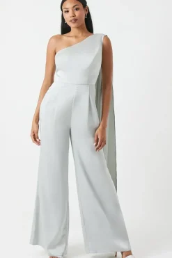Drape Shoulder Satin Bridesmaids Jumpsuit