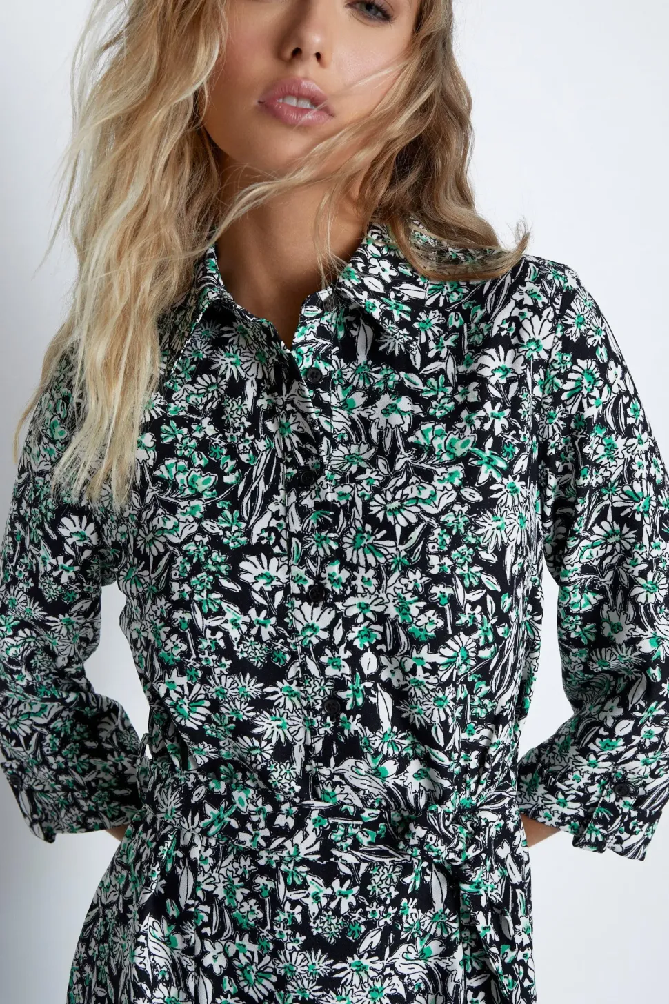 Drawn Ditsy Roll Sleeve Shirt Dress