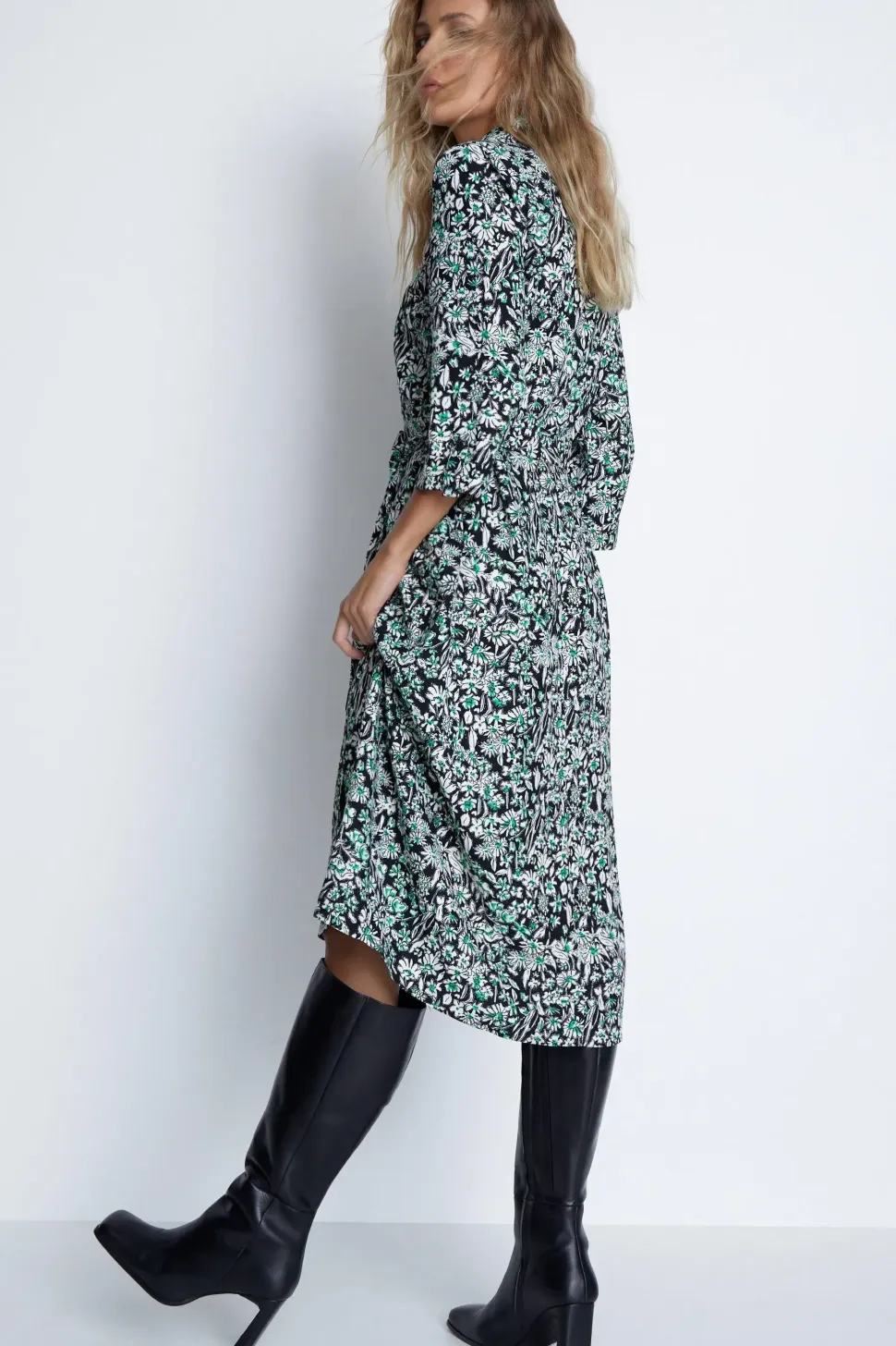 Drawn Ditsy Roll Sleeve Shirt Dress