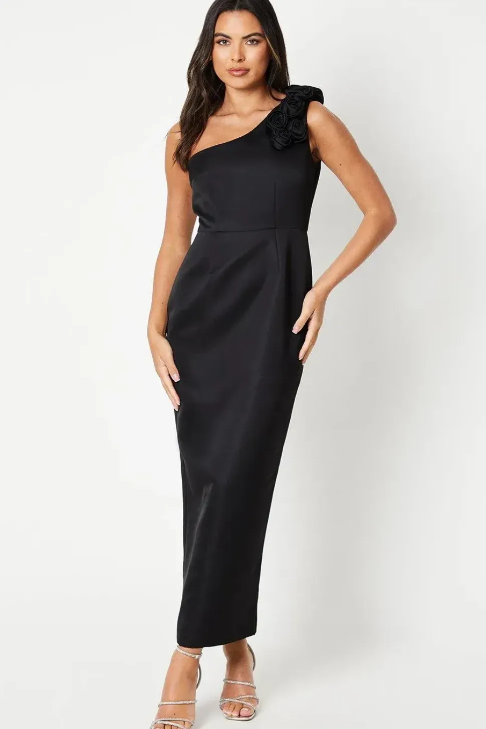 3d Rose One Shoulder Structured Satin Column Maxi Dress