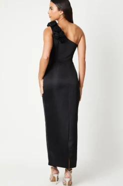 3d Rose One Shoulder Structured Satin Column Maxi Dress