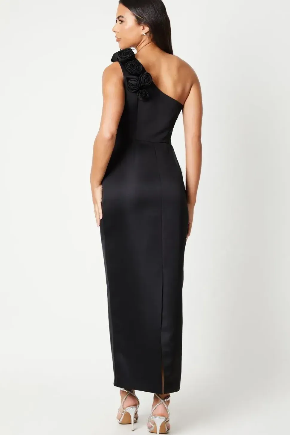 3d Rose One Shoulder Structured Satin Column Maxi Dress