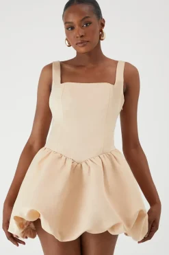 Duchess Satin Square Neckline Dipped Waist Voluminous Mini Dress