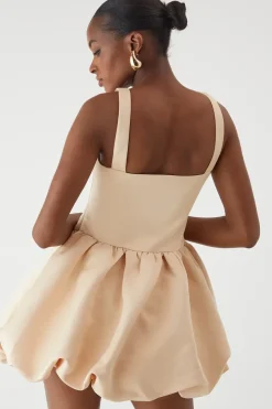 Duchess Satin Square Neckline Dipped Waist Voluminous Mini Dress