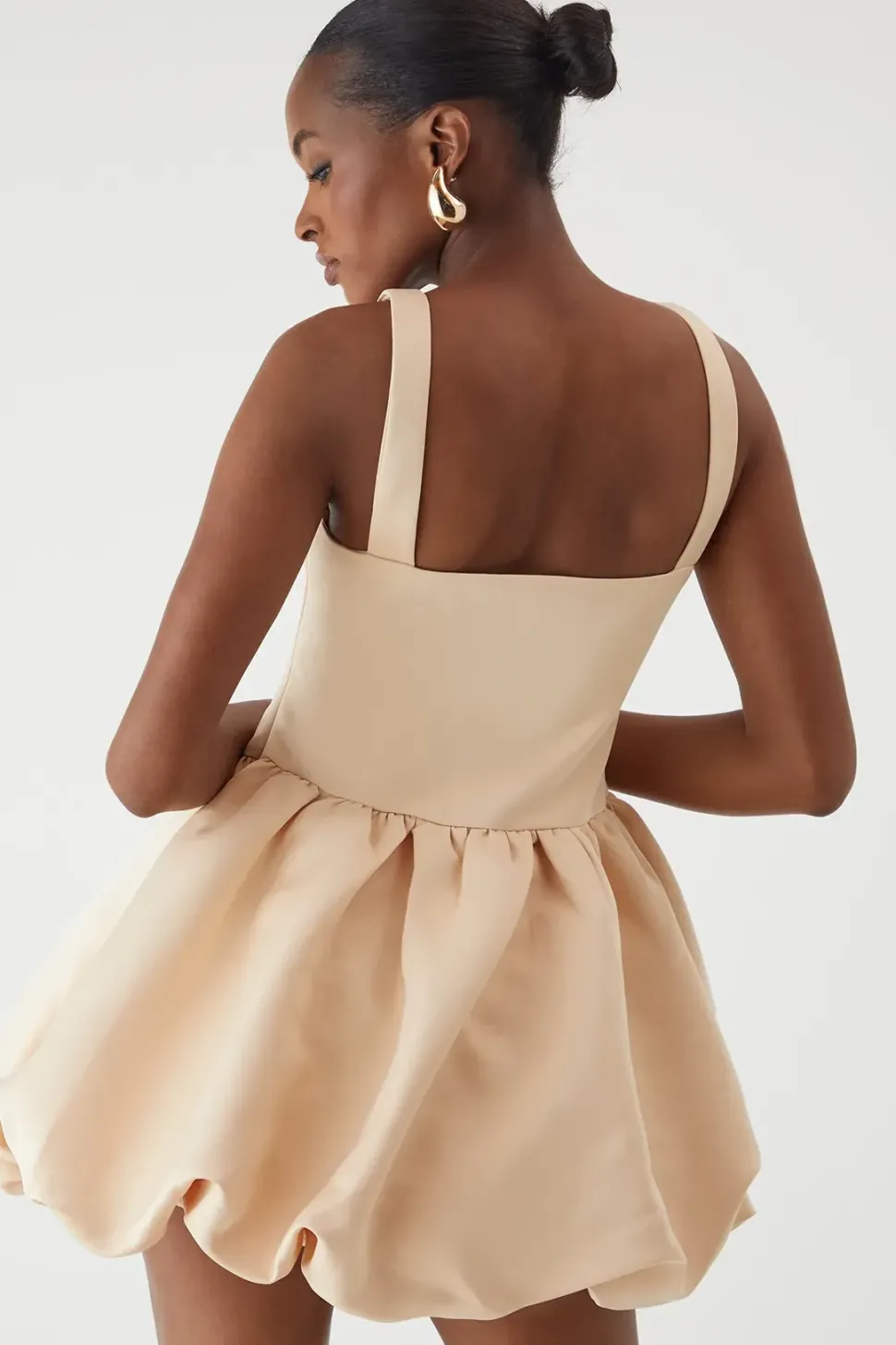 Duchess Satin Square Neckline Dipped Waist Voluminous Mini Dress