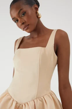 Duchess Satin Square Neckline Dipped Waist Voluminous Mini Dress