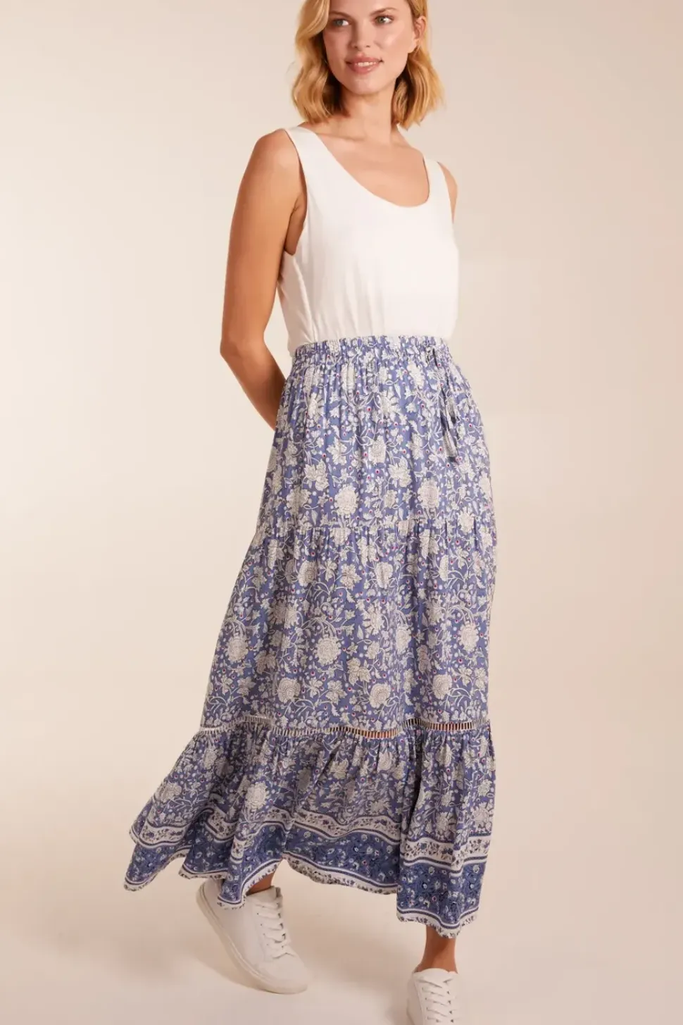 Elasticated Waistband Tiered Midi Skirt