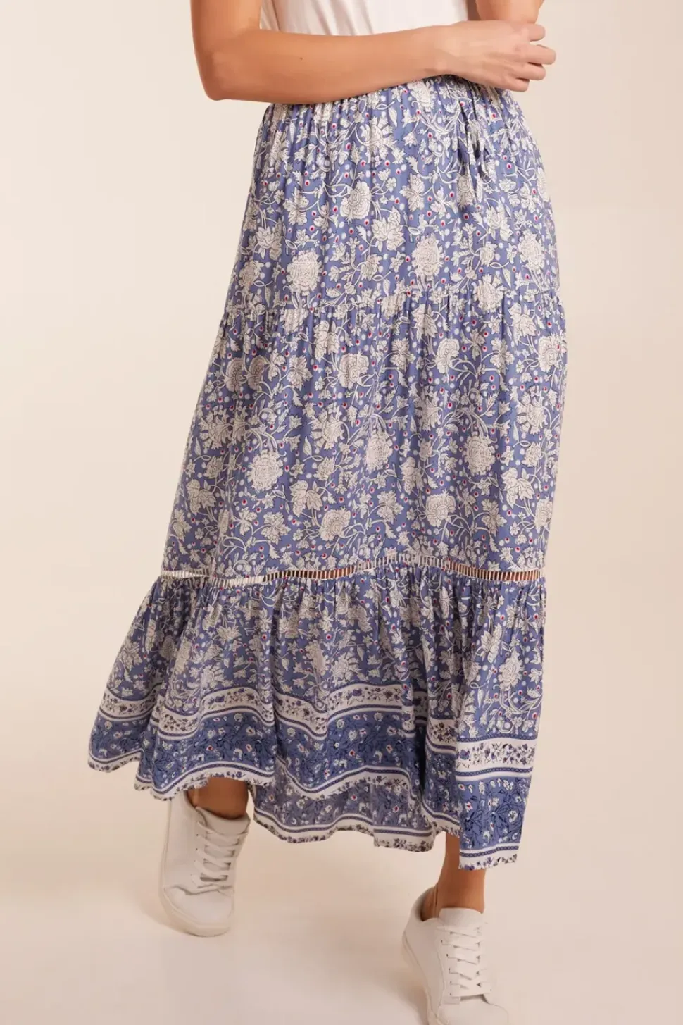 Elasticated Waistband Tiered Midi Skirt