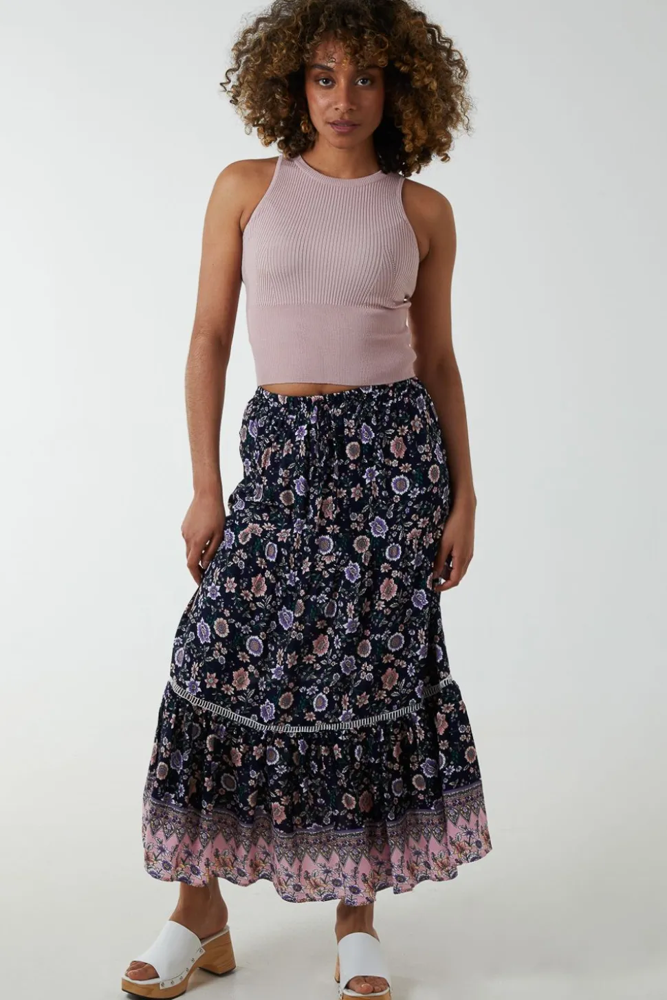 Elasticated Waistband Tiered Midi Skirt