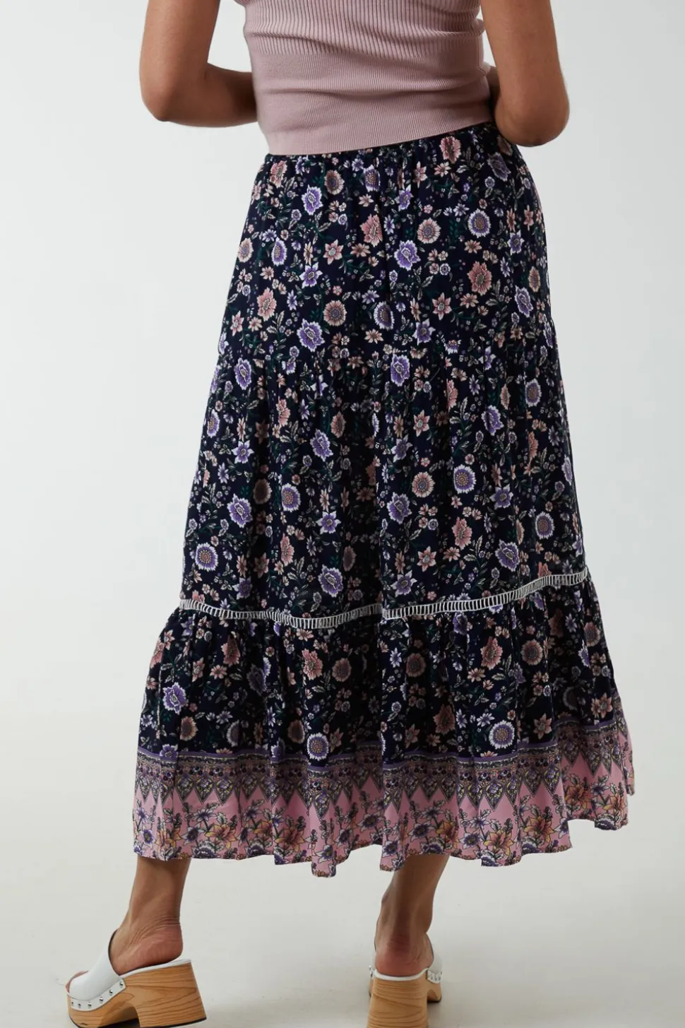 Elasticated Waistband Tiered Midi Skirt