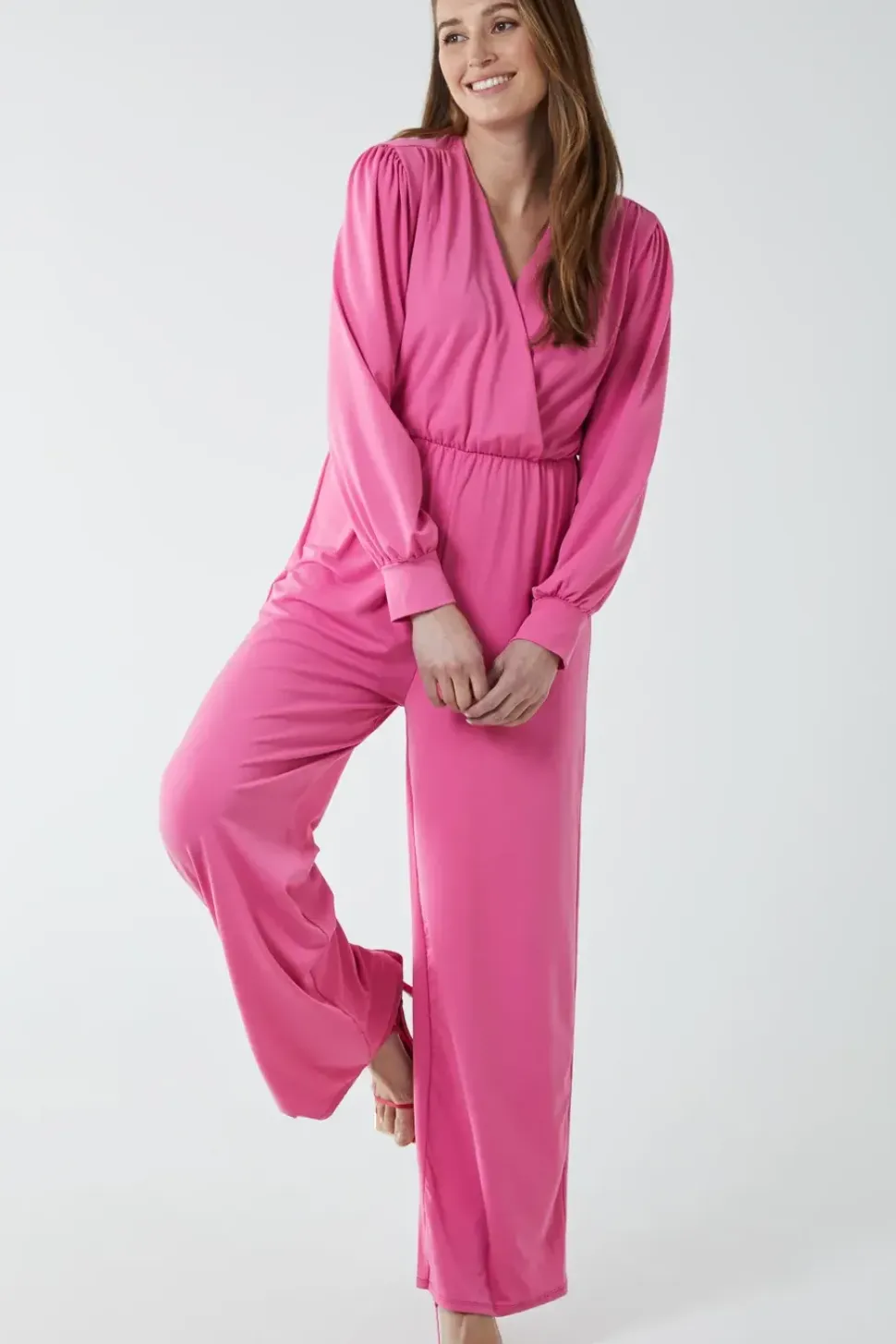 Elasticated Waist Crossover Long Sleeve Jumpsuit