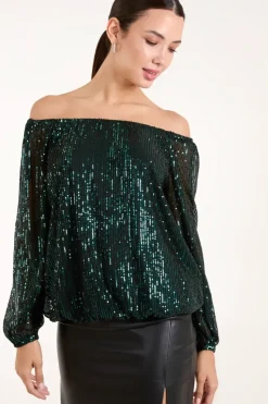 Elastic Neck Puffball Sequin Top