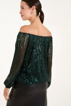 Elastic Neck Puffball Sequin Top