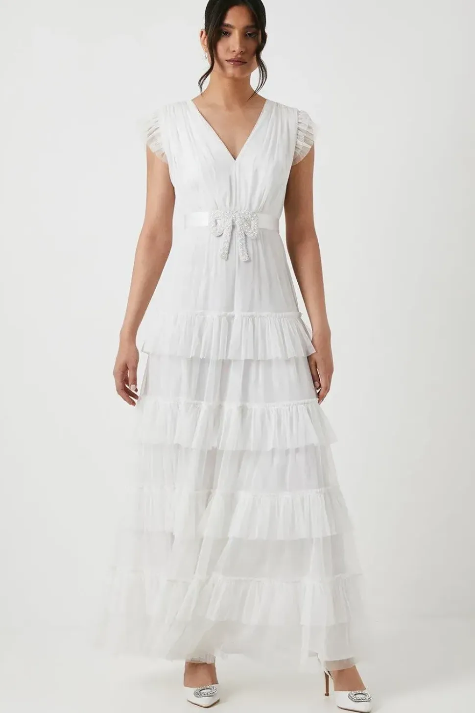 Embellished Bow Detail Mesh Tiered Wedding Dress