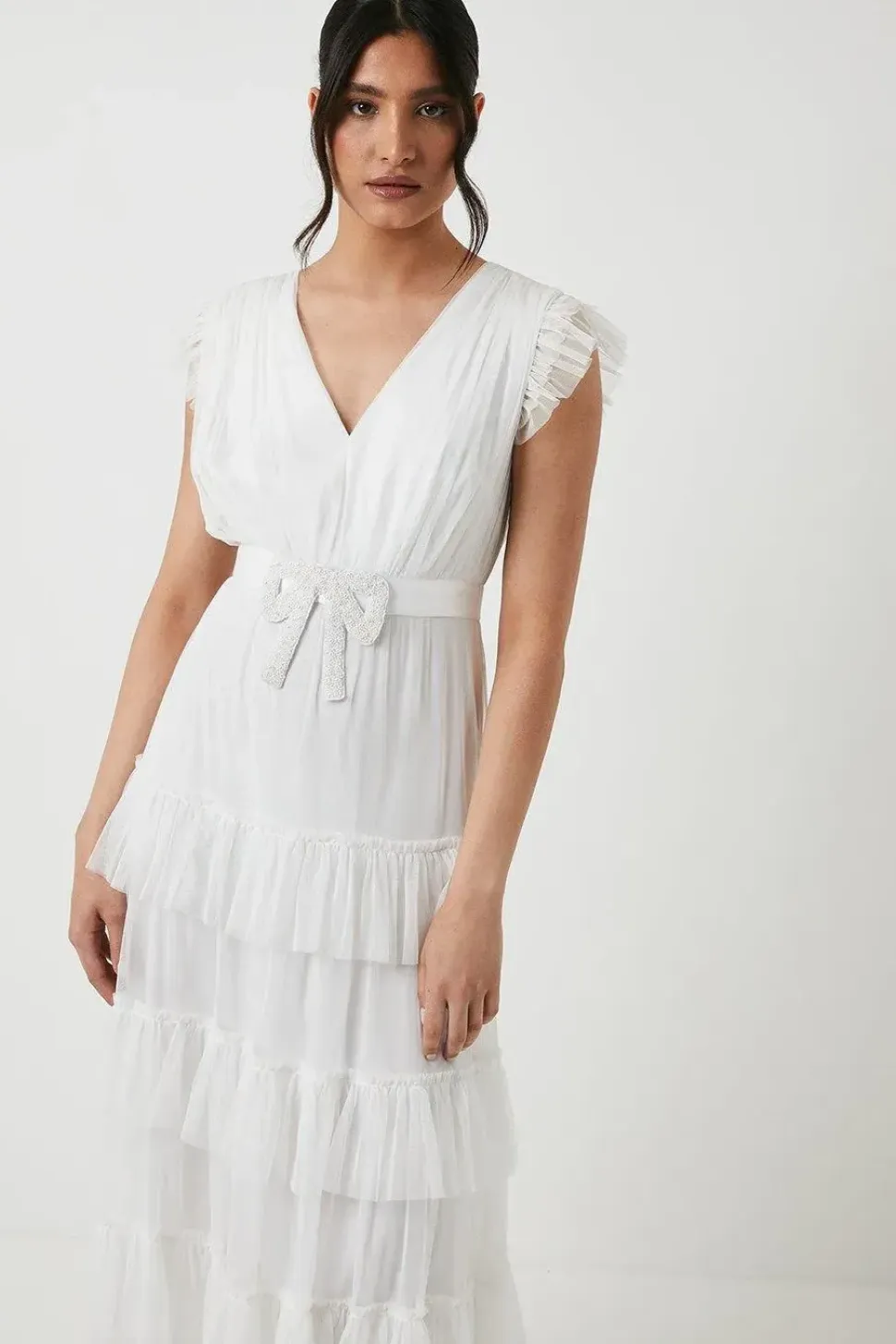 Embellished Bow Detail Mesh Tiered Wedding Dress