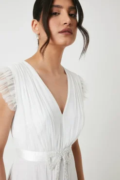 Embellished Bow Detail Mesh Tiered Wedding Dress