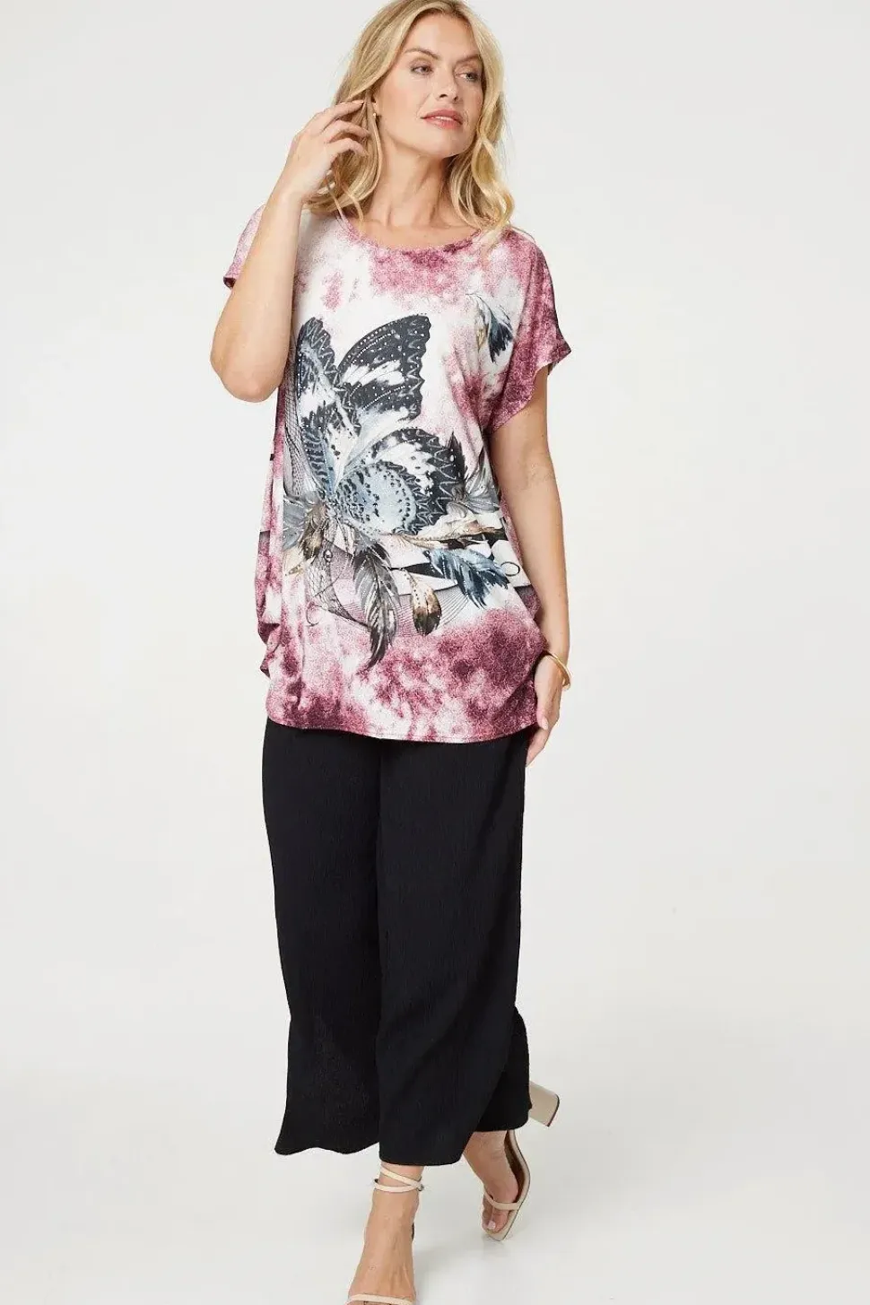Embellished Butterfly Print Tunic Top
