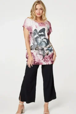 Embellished Butterfly Print Tunic Top