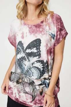 Embellished Butterfly Print Tunic Top
