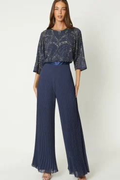 Embellished Cape Sleeve Pleat Jumpsuit