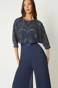 Embellished Cape Sleeve Pleat Jumpsuit