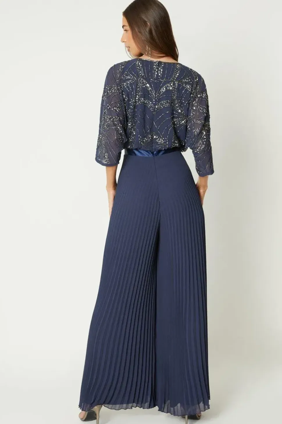 Embellished Cape Sleeve Pleat Jumpsuit