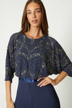 Embellished Cape Sleeve Pleat Jumpsuit