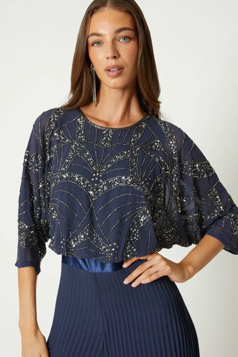 Embellished Cape Sleeve Pleat Jumpsuit