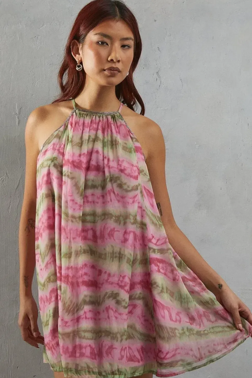 Embellished Chiffon Sequin Marble Print Halter Mini Dress