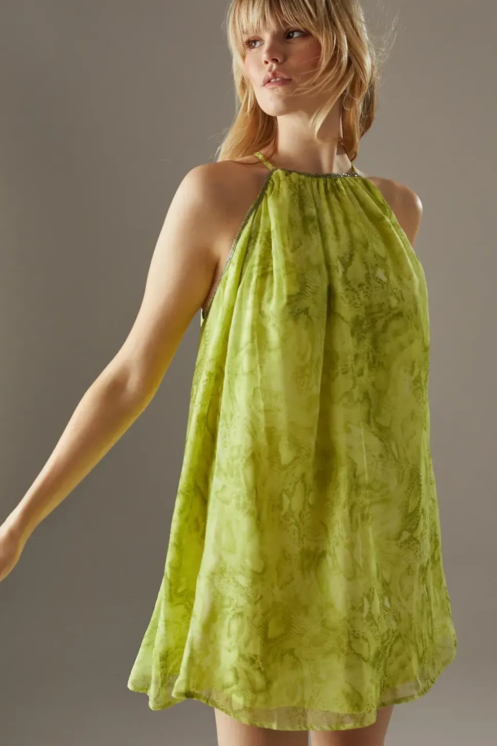 Embellished Chiffon Sequin Snake Print Halter Mini Dress