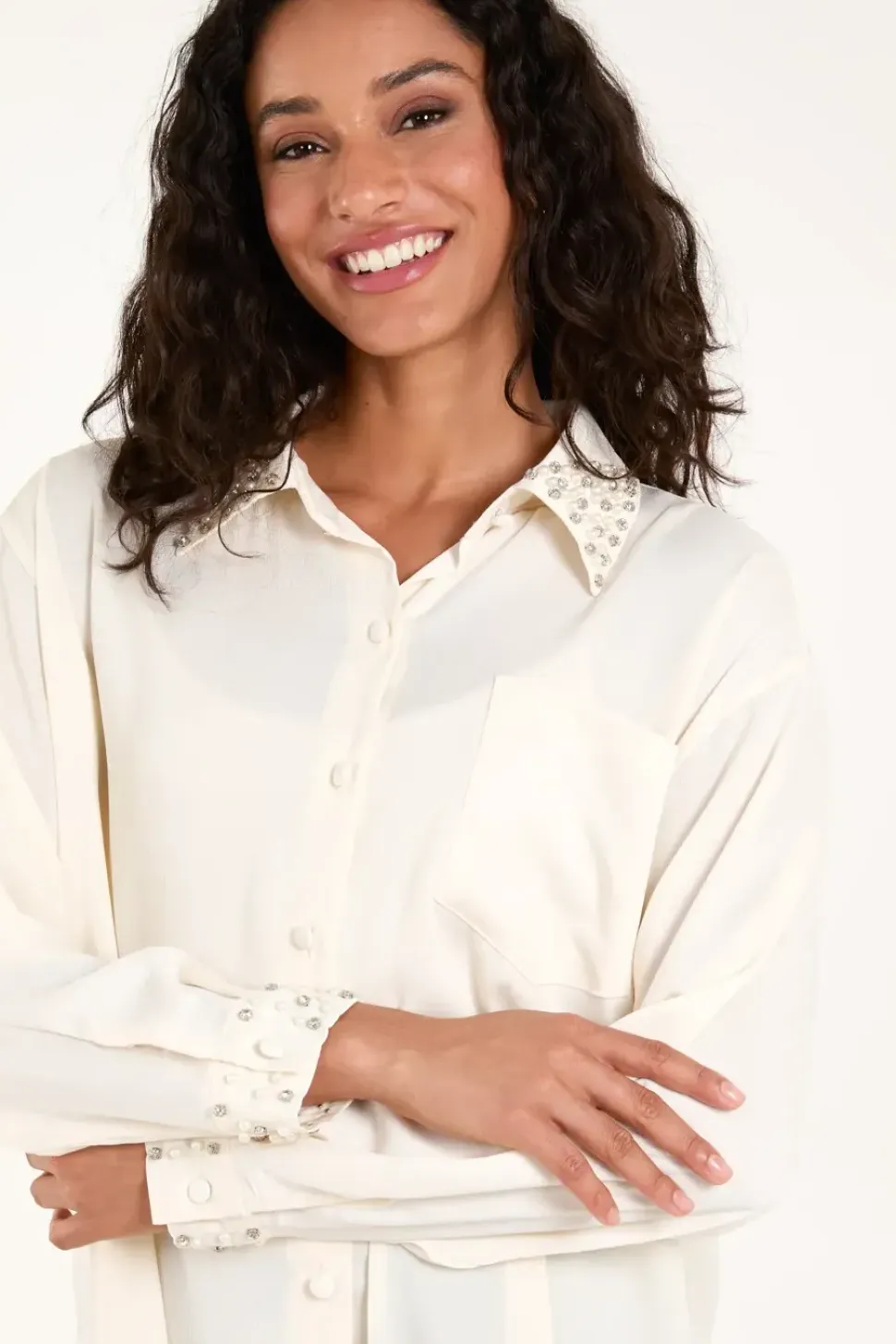 Embellished Collar & Cuff Satin Shirt