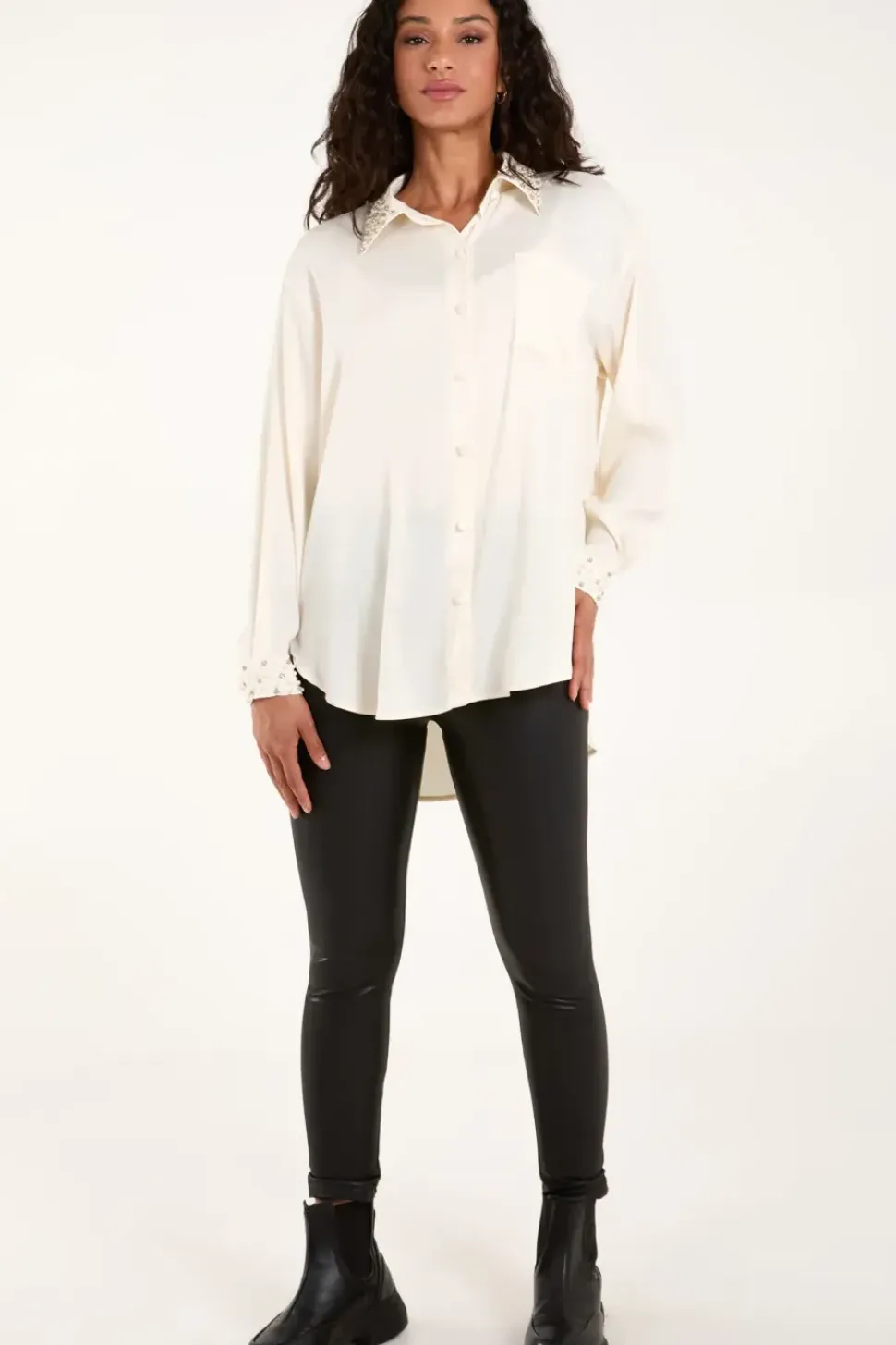 Embellished Collar & Cuff Satin Shirt