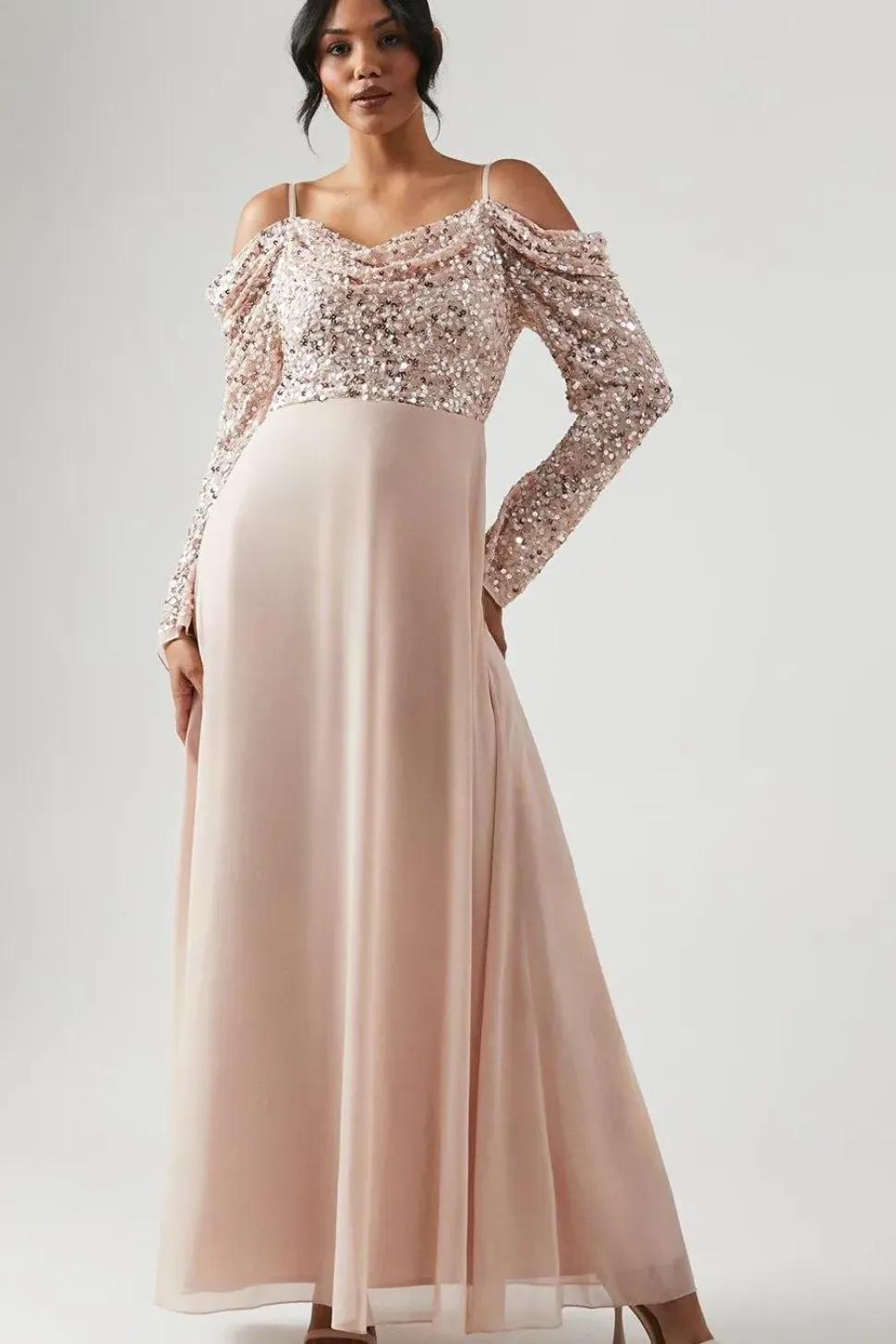Embellished Cowl Top Long Sleeve Bridesmaids Dress