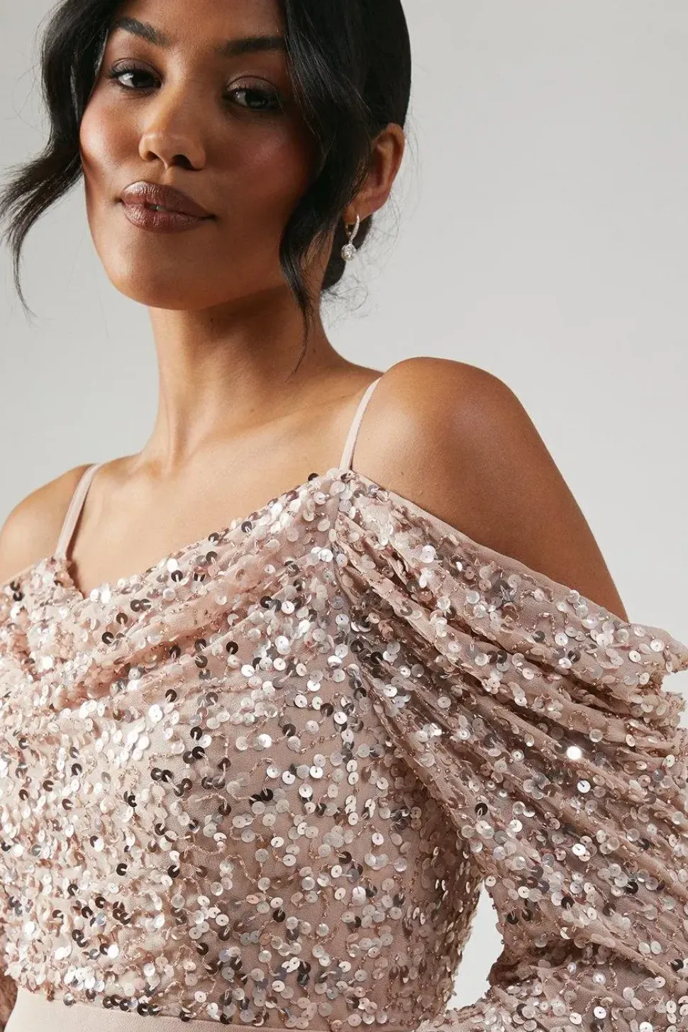 Embellished Cowl Top Long Sleeve Bridesmaids Dress