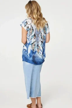Embellished Feather Print Tunic Top