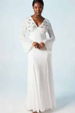 Embellished Flare Sleeve Boho Wedding Dress