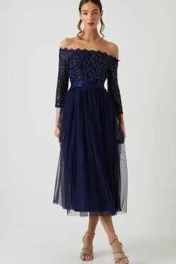 Embellished Lace Bardot Midi Bridesmaid Dress